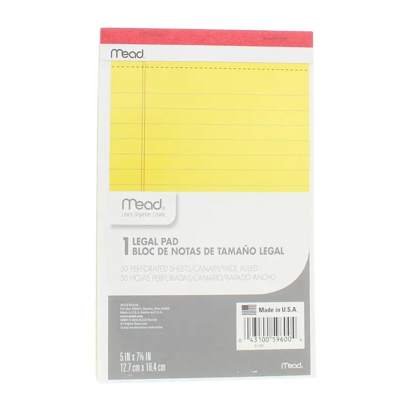 50-Sheet Legal-Size Writing Pad – 5 X 7.25 Inches College-Ruled Paper 59600 1