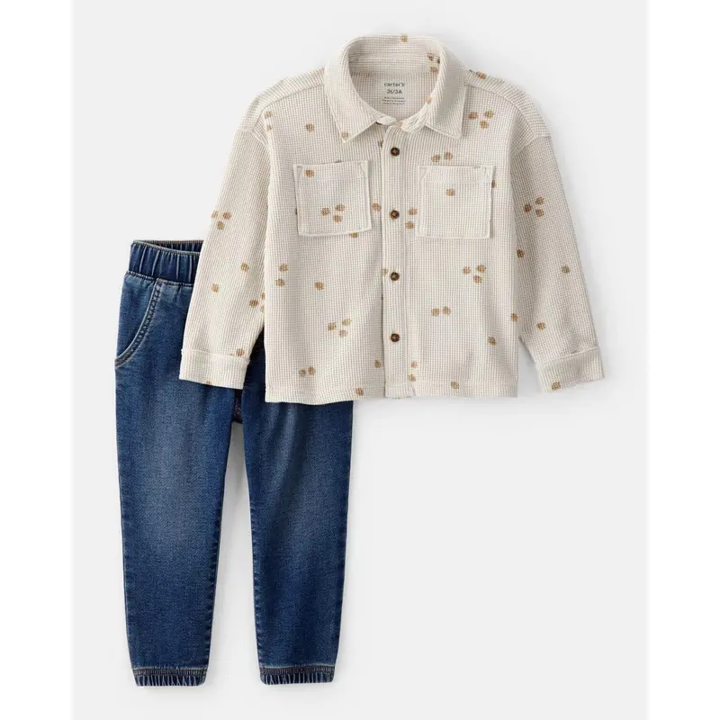 Acorn-Button Shirt And Denim Pant Set For Toddler Boys – Casual Two-Piece Outfit 1