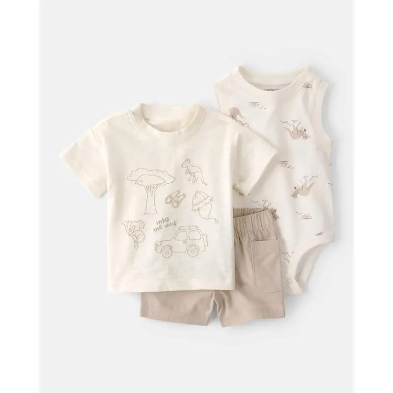 Baby Boys' Into The Wild 3-Piece Set – Ivory & Brown Top, Bodysuit & Shorts 1