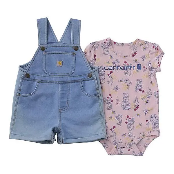 Baby Girls’ Bee Print Bodysuit & Denim Shortall Set – 2-Piece Summer Outfit (Cg9968) 1