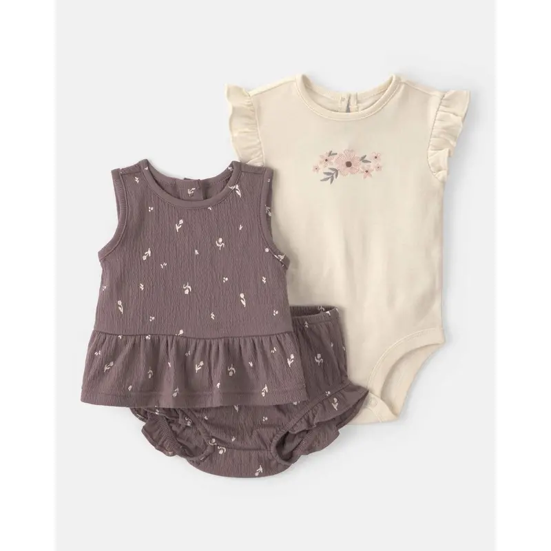 Baby Girls' Floral 3-Piece Set – Brown & Ivory Top, Bodysuit & Shorts 1