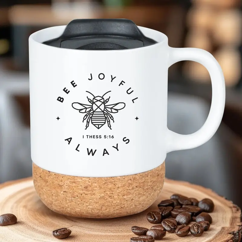 'Bee Joyful' Cork-Bottom Mug – Playful Bee-Themed Ceramic Coffee Cup 4637 1