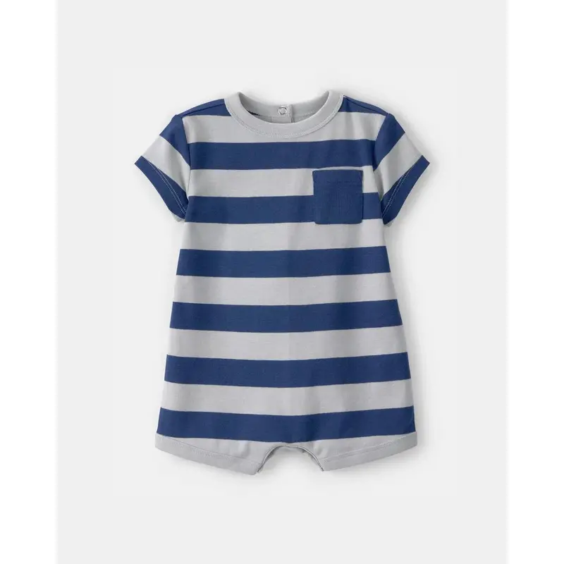 Blue And Grey Striped Short-Sleeve Romper For Baby Boys – Lightweight Cotton Wear 1