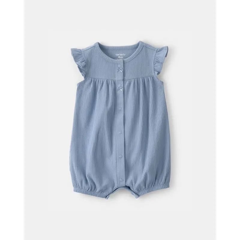 Blue Rib-Knit Short-Sleeve Romper For Baby Girls – Stretchy, Comfort-Fit Cotton 1