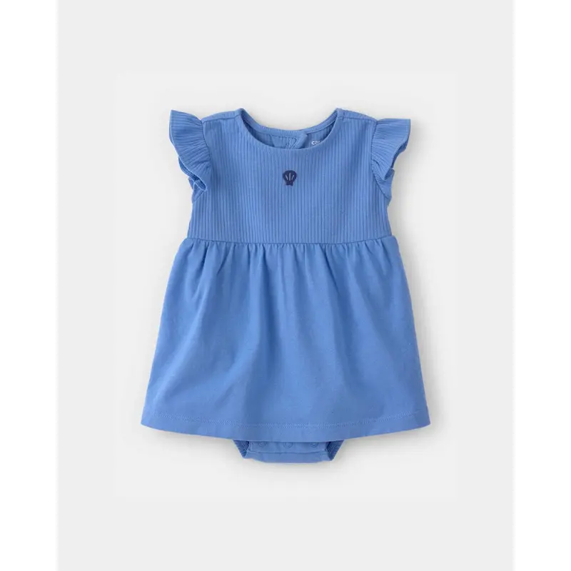 Blue Seashell-Print Bodysuit Dress For Baby Girls – Soft Short-Sleeve Layered Look 1