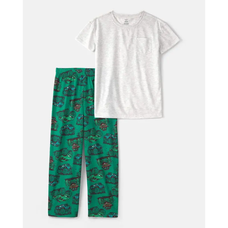 Boys' Monster Truck Pajama Set – 2-Piece Relaxed-Fit Grey & Green Sleepwear 1