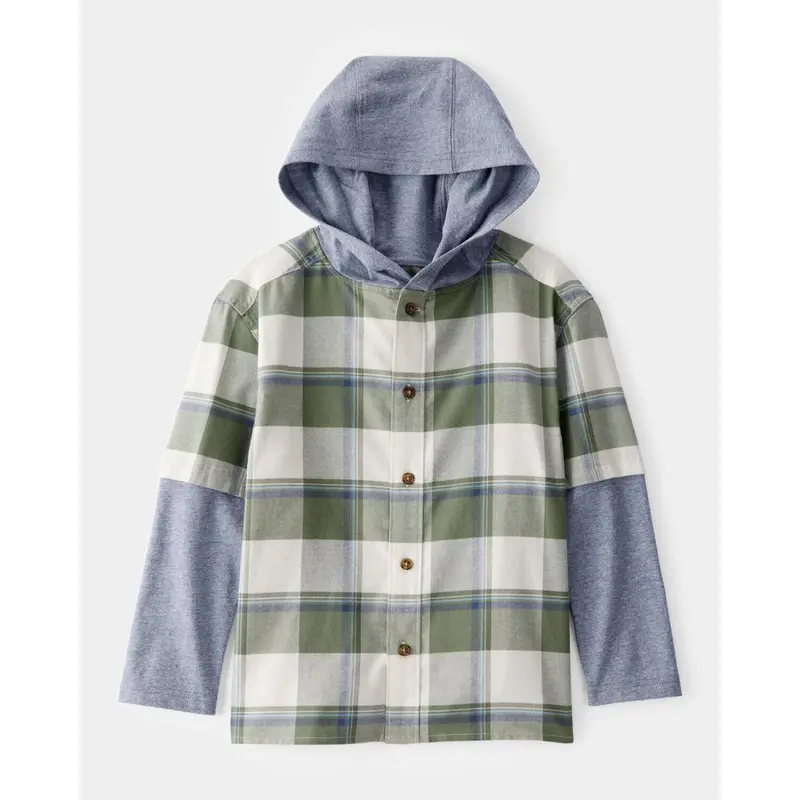 Boys' Plaid Hooded Button-Down Tee With Layered Design 1