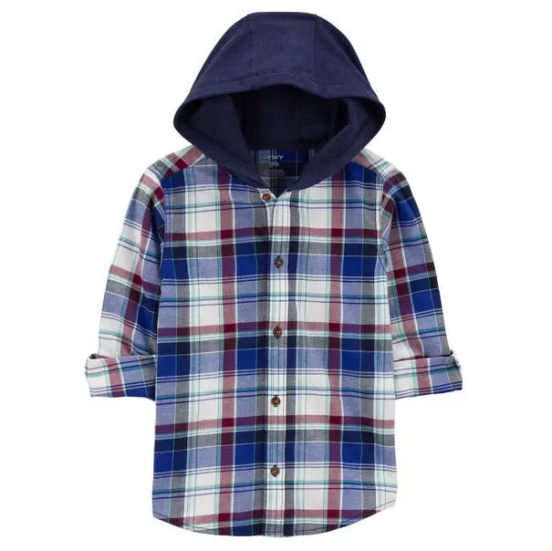 Boys' Plaid Hooded Button-Front Shirt For Trendy Layering 1