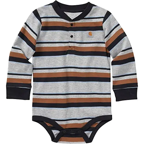 Boys' Striped Long-Sleeve Henley Bodysuit – Classic Knit Infant Shirt 1