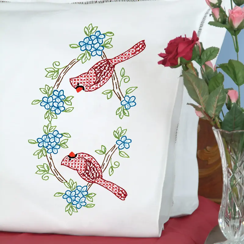 Cardinal Bird Perle Edge Pillowcases – Rustic Wildlife-Themed Bed Linens (Style 1600-712) 1