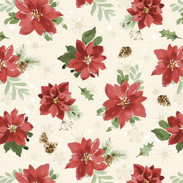 Cardinal Celebration Cotton Fabric – Tossed Poinsettia Print (37756) 1