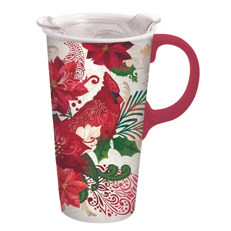 Cardinal & Poinsettia Ceramic Travel Mug 1