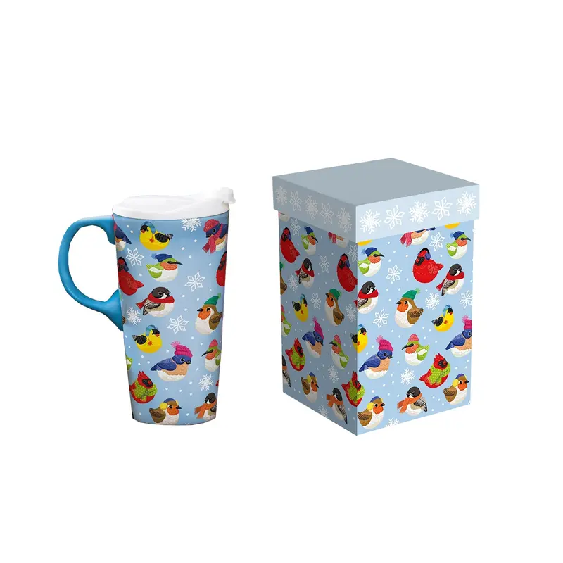Ceramic Travel Mug Featuring Portly Birds Design – Leak-Resistant Tumbler 1