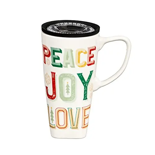 Ceramic Travel Mug – Peace, Love & Joy Motif – Insulated Commuter Cup 1