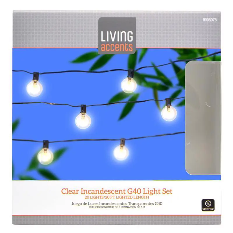 Clear Incandescent String Lights – 10-Foot, 20-G40 Bulbs, Indoor/Outdoor Use 1