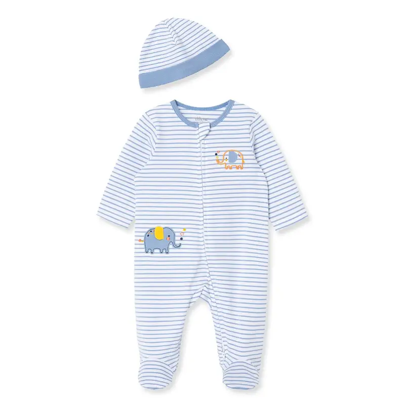 Elephant Stripe Baby Boy Sleepers With Matching Hat – Two-Piece Set Lbq11916N 1