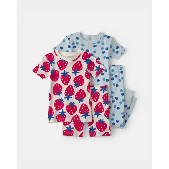Girls' 4-Piece Short-Sleeve Cotton Pajama Set – Matching Prints (1V) 1