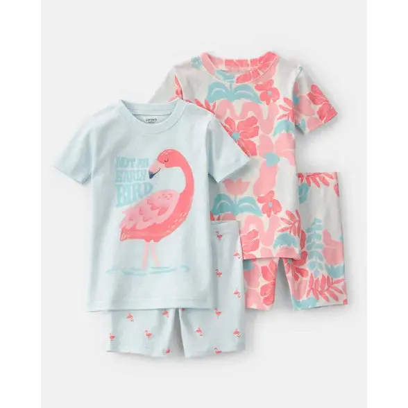 Girls’ Flamingo Print Short-Sleeve Pajama Set – Four-Piece Cotton Outfit (1U658110) 1