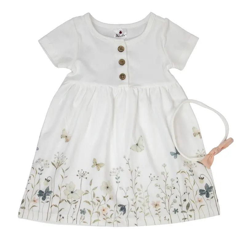 Girls' Floral-Border Dress With Matching Headband – Style A3009 1