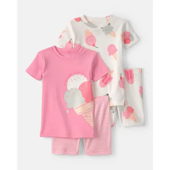 Girls’ Pink Ice Cream-Themed Pajama Set – Short-Sleeve 4-Piece Outfit (Style 2U658310) 1