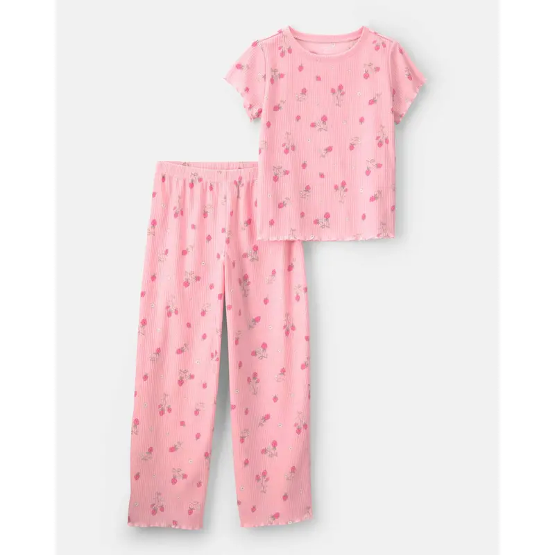Girls' Strawberry Ribbed 2-Piece Pajama Set – Pink Loose-Fit Sleepwear 1