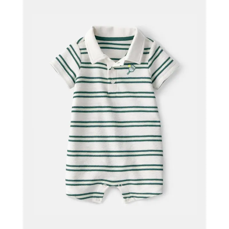 Green And White Pickleball-Print Romper For Baby Boys – Breathable Short-Sleeve Style 1