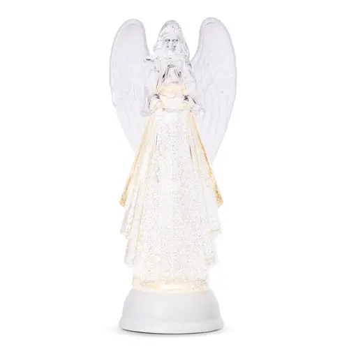Lighted Angel Ornament – Silver Swirling Glitter Finish With Soft Illuminated Halo 1