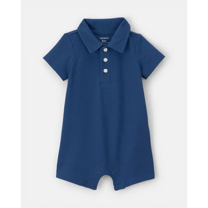 Navy Blue Pique Polo Romper For Baby Boys – Classic Short-Sleeve One-Piece Outfit 1
