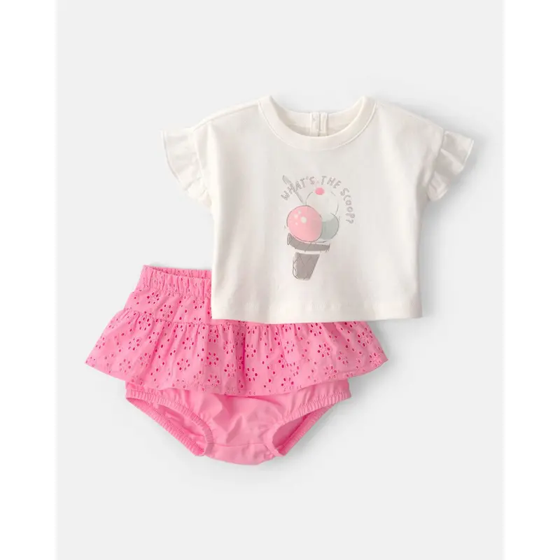Pink Ice Cream-Themed 2-Piece Outfit For Baby Girls – Soft Cotton Top & Shorts Set 1