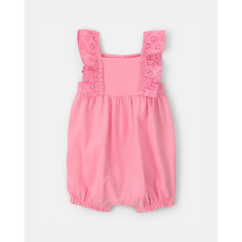 Pink Sleeveless Eyelet Romper For Baby Girls – Delicate Lace-Trimmed Design 1