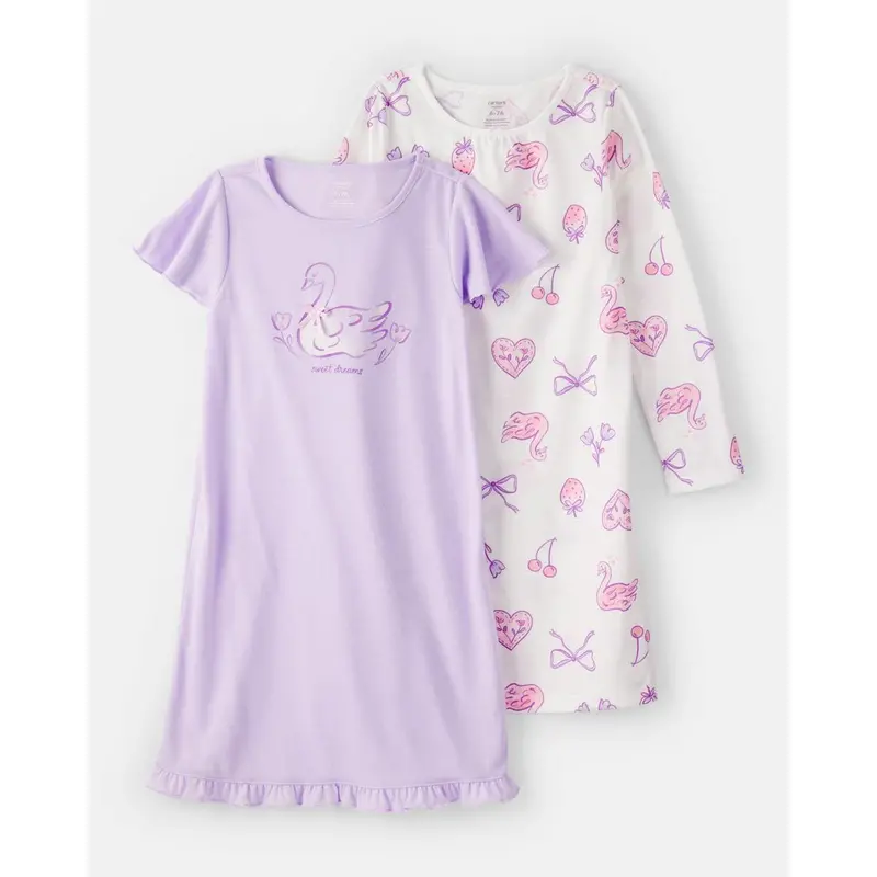 Purple And White Swan Floral Nightgown For Girls – Loose-Fit Cotton Sleepwear 1