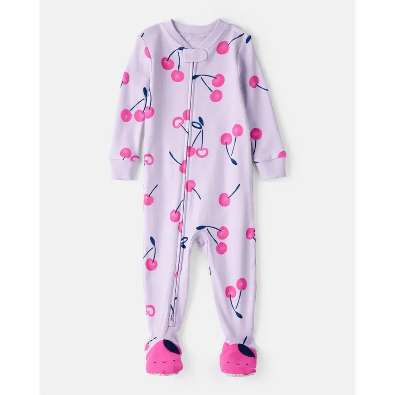 Purple Cherries Printed Footie Pajamas For Baby Girls – Soft 2-Way Zip Cotton Sleepwear 1