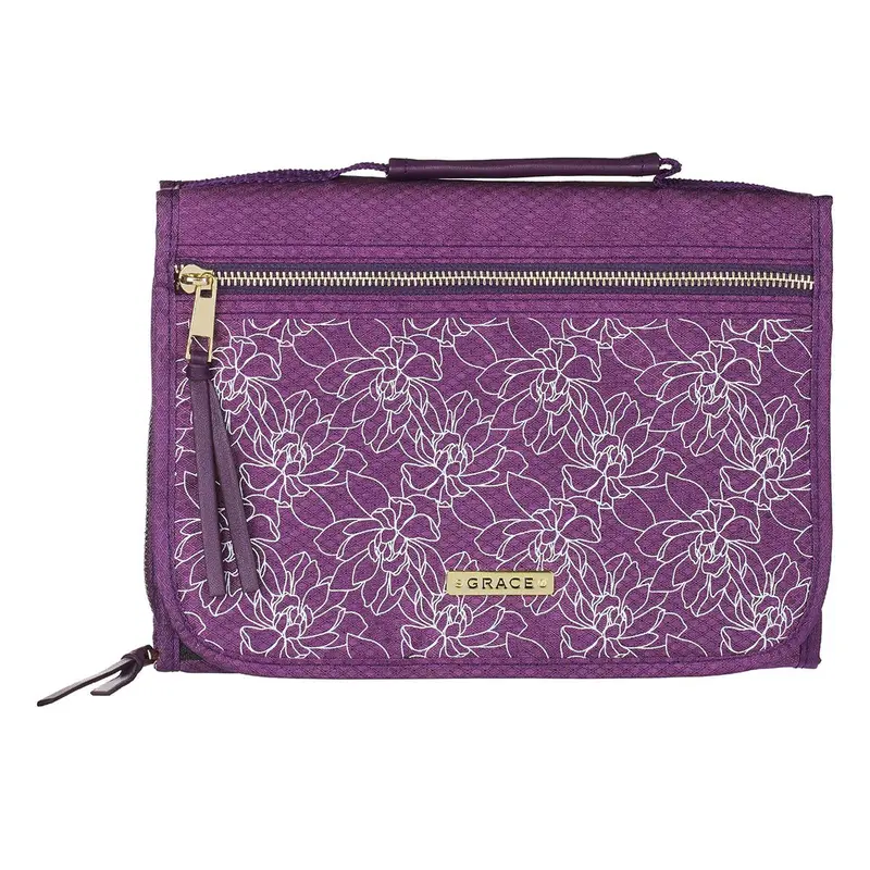 Purple Tri-Fold Organizer Bible Cover – Grace-Themed Storage & Accessory Solution 1