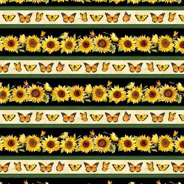 Sunflower Splendor Stripe Cotton Fabric – Cheerful Yellow-And-Green Repeat 1