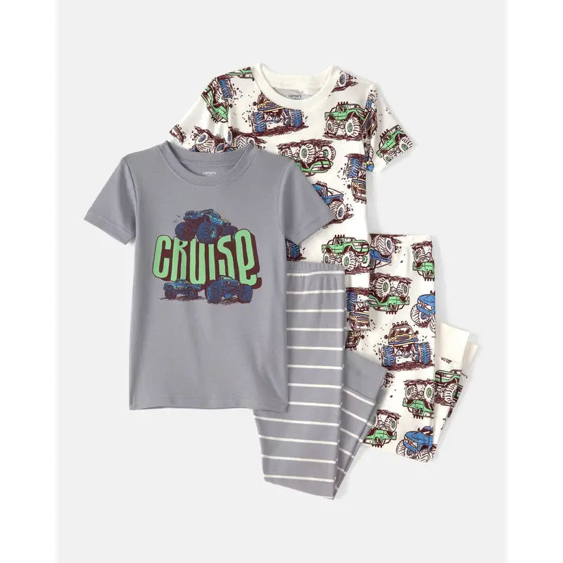 Toddler Boys' Monster Truck Pajama Set – 4-Piece 100% Cotton Sleepwear In Grey 1