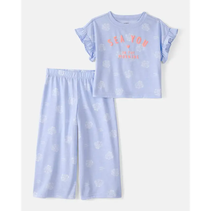 Toddler Girls' Seashell Print Pajama Set – 2-Piece Loose-Fit Blue Sleepwear 1