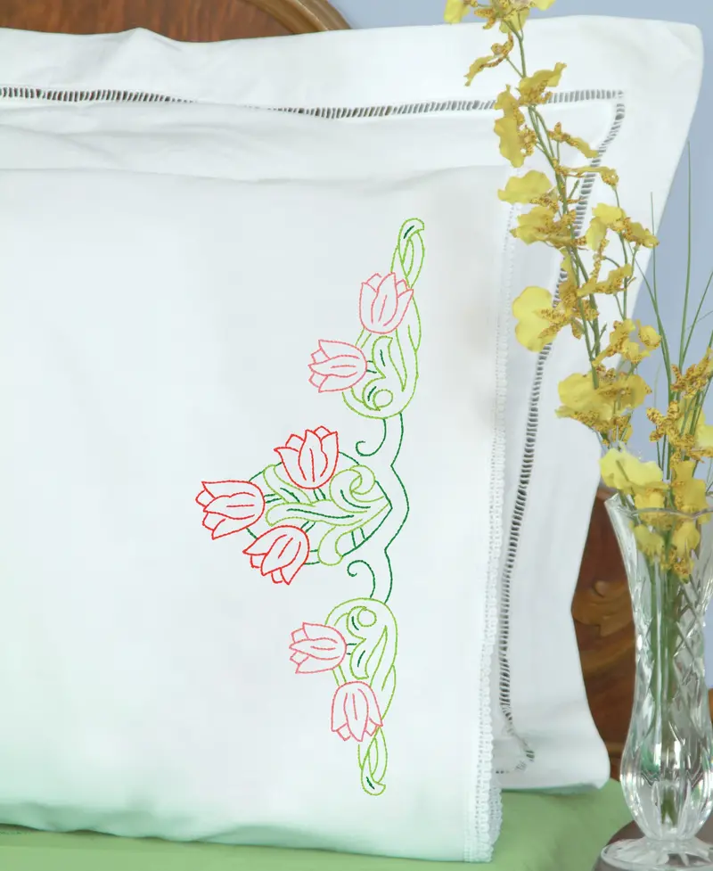 Tulips Lace-Edged Pillowcases – Vintage-Inspired Linens 1