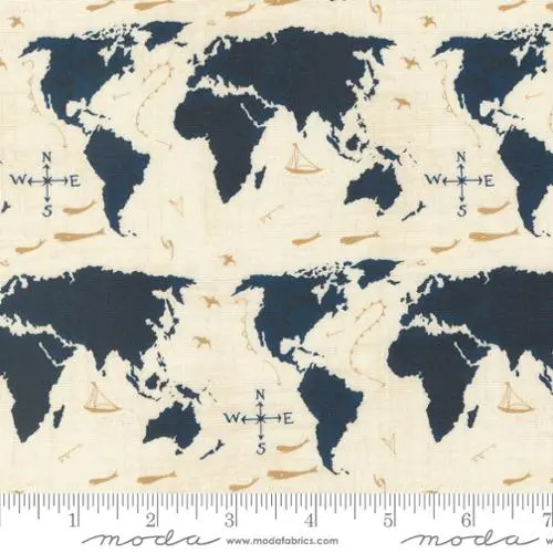 World Map Cotton Fabric – Longshore Collection Illustrated Travel Print 24611 1